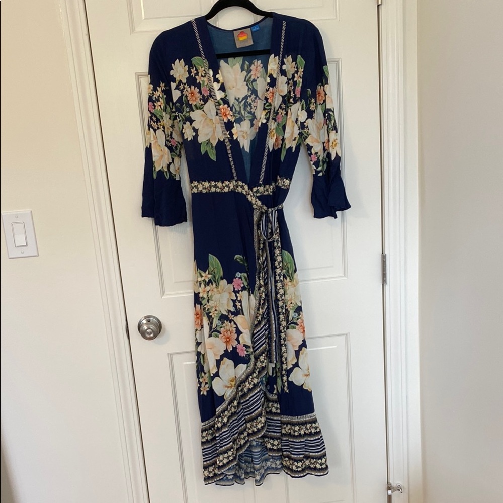 Farm Rio Blue and Cream Wrap Floral Sundress with Ruffled Bell Sleeves Medium